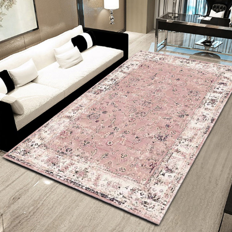 Pink Shabby Chic Rug Polyester Tribal Flower Pattern Rug Pet Friendly Washable Anti-Slip Backing Carpet for Decoration