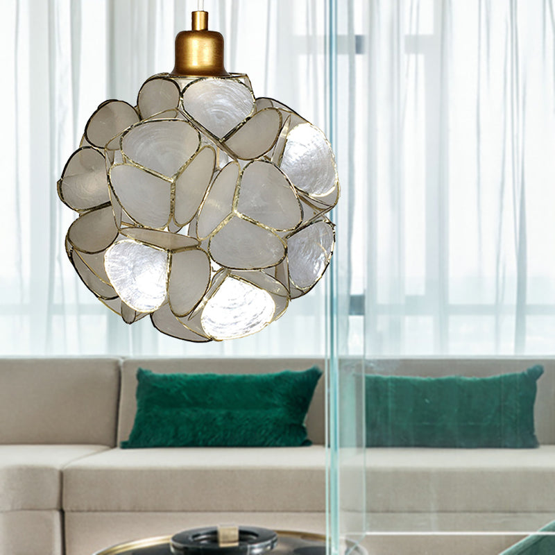 Globe Suspension Pendant Modernism Shell 1 Light Hanging Ceiling Light in White/Beige