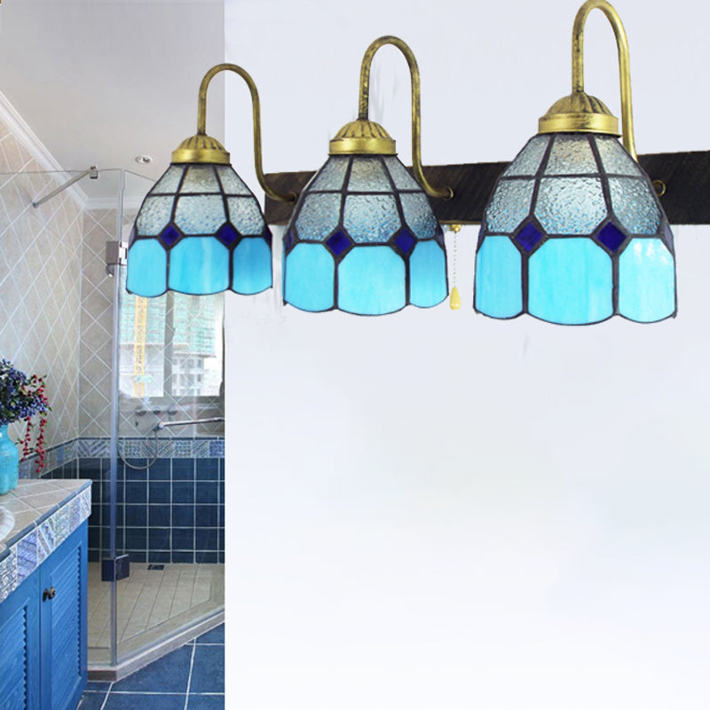 Mediterranean Dome Wall Light Fixture 3 Heads Blue Dimple Glass Sconce Lighting for Bathroom