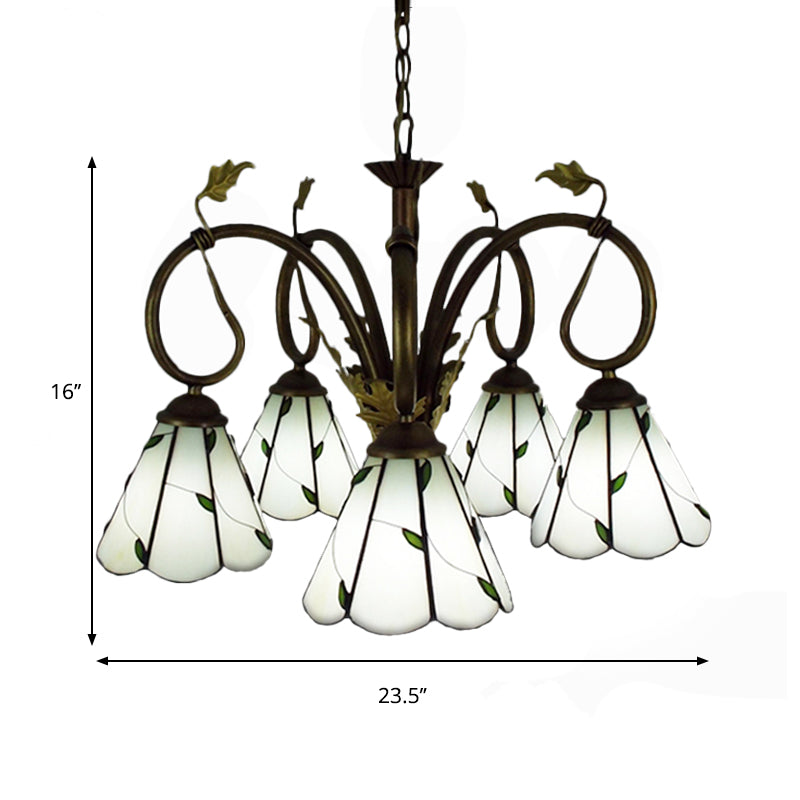 Beige Glass Cone Chandelier Light with Metal Chain Multi Light Vintage Pendant Light for Library