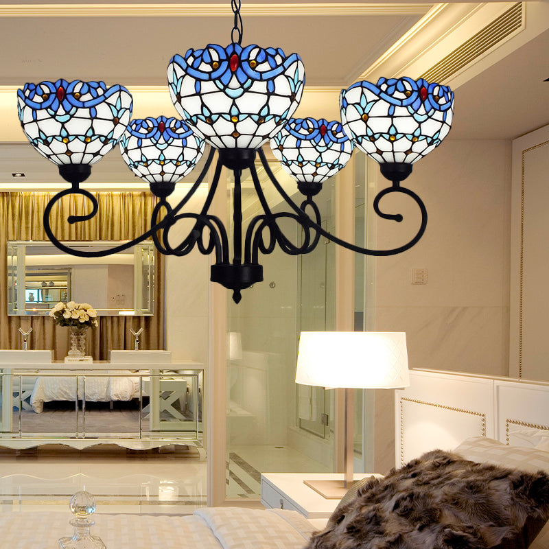 Victorian Bowl Pendant Light 5 Lights Stained Glass Indoor Chandelier in Blue for Foyer