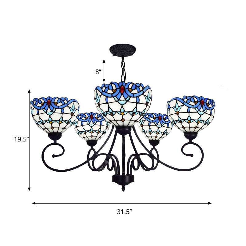 Victorian Bowl Pendant Light 5 Lights Stained Glass Indoor Chandelier in Blue for Foyer
