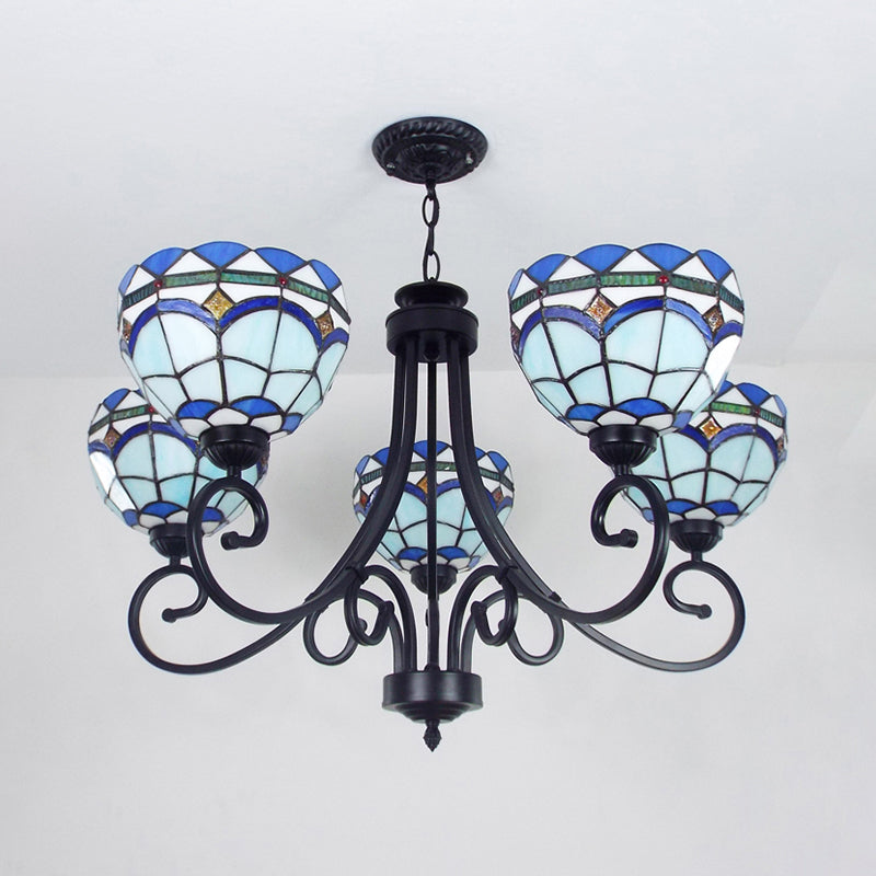 Mediterranean Bowl Pendant Lighting 5 Lights Stained Glass Hanging Ceiling Light in Blue