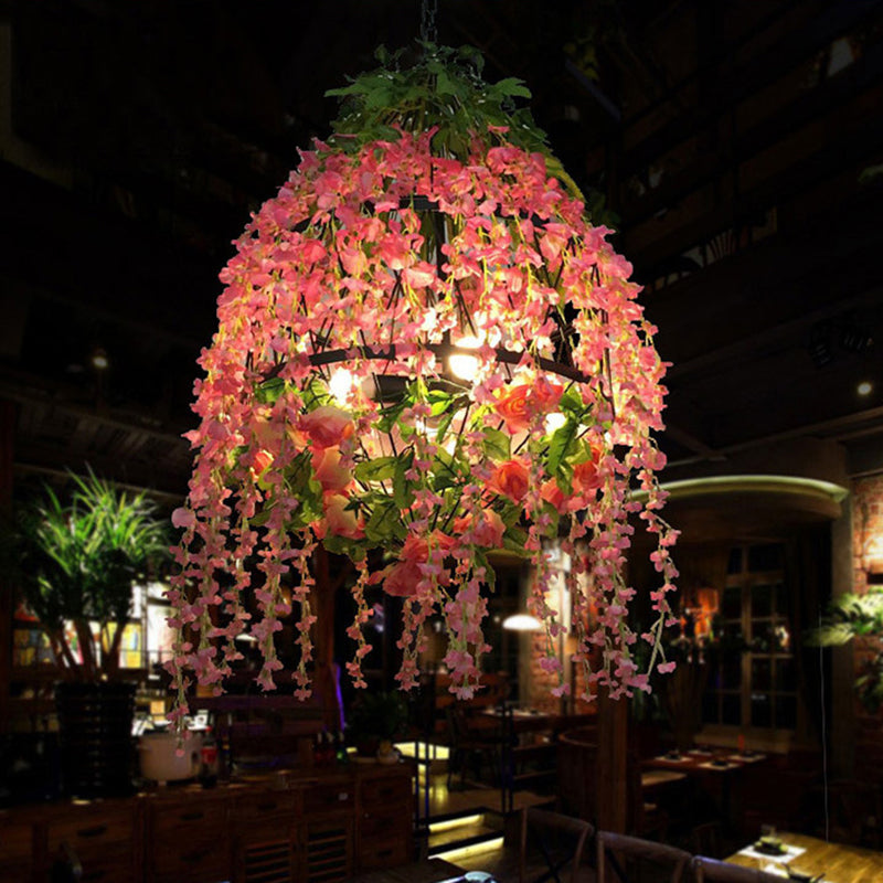 4 Heads Hanging Chandelier Industrial Restaurant Floral Pendant Light Kit with Wire Cage Metal Shade in Pink