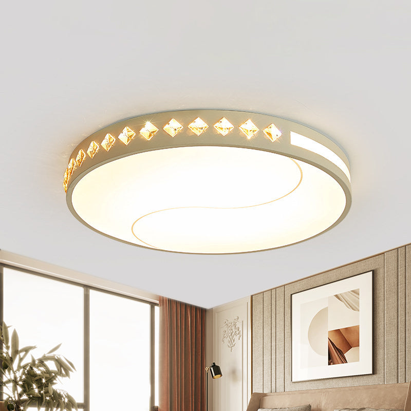 LED Bedroom Flush Mount Contemporary White Crystal Ceiling Lamp with Round Acrylic Shade