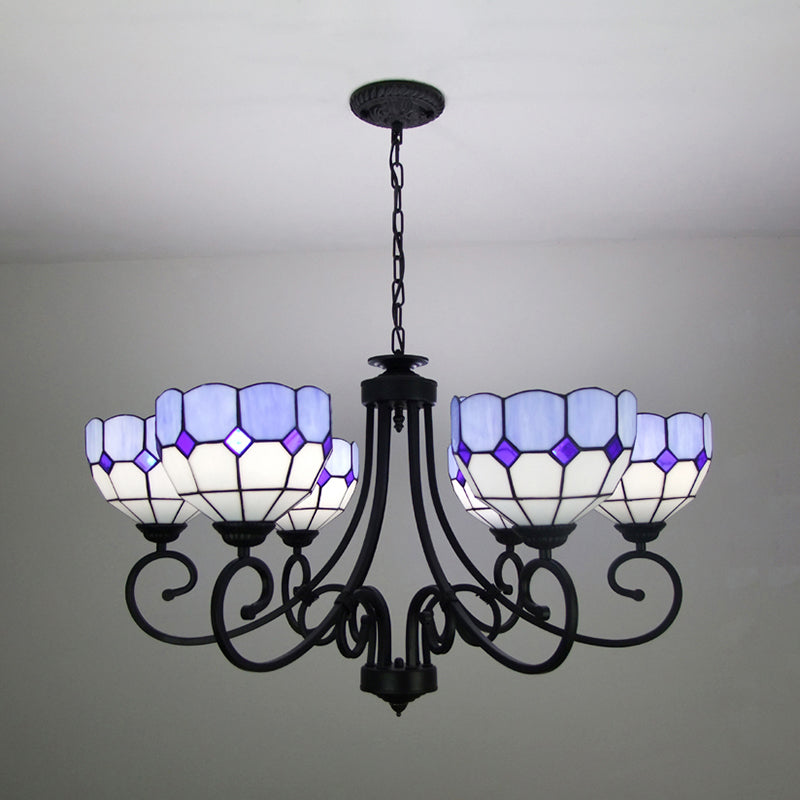 Mediterranean Chandelier Light with Stained Glass Bowl Shade Multi Light for Foyer Pendant Light