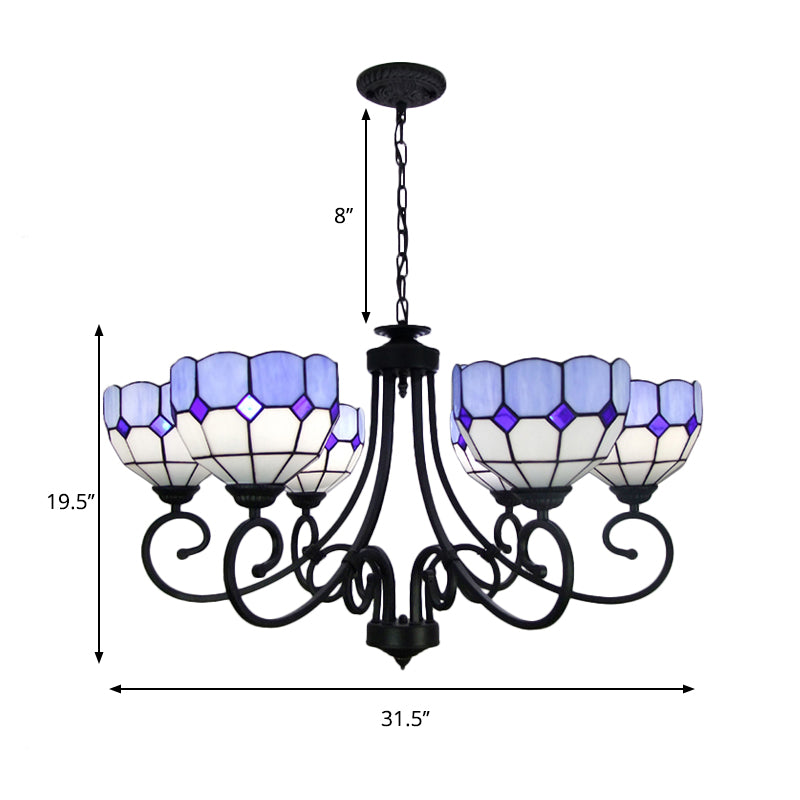 Mediterranean Chandelier Light with Stained Glass Bowl Shade Multi Light for Foyer Pendant Light