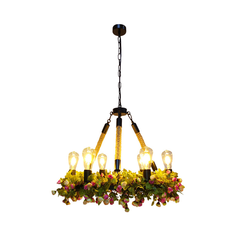 Metal Exposed Bulb Pendant Chandelier Industrial 6-Light Restaurant Pendulum Light with Pink/Green Artificial Floral Deco
