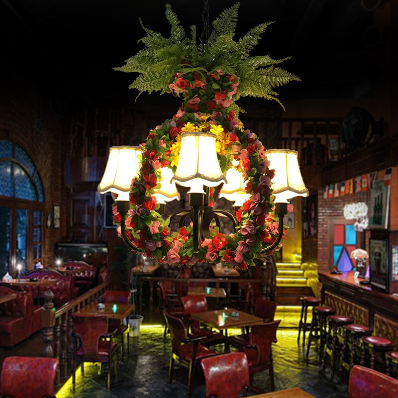 Scalloped Fabric Chandelier Light Warehouse 4 Bulbs Restaurant Suspension Lighting in Green with Pineapple Design