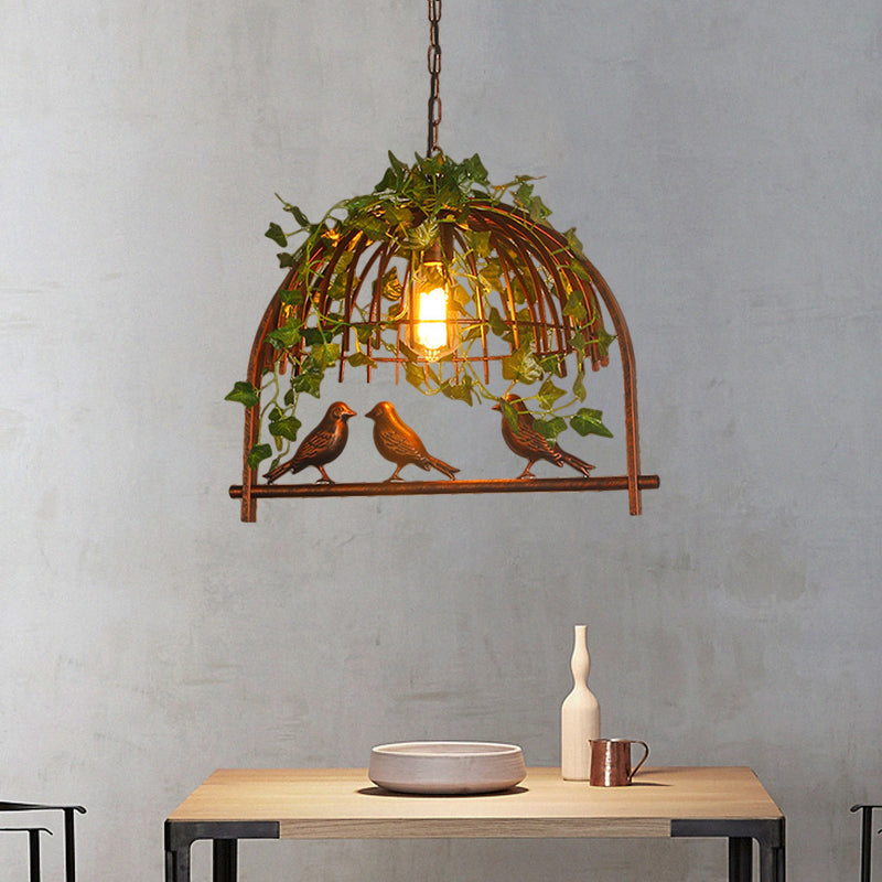 Vintage Birdcage Hanging Pendant 1 Light Metallic Suspension Lamp in Rust with PVC Plant Deco