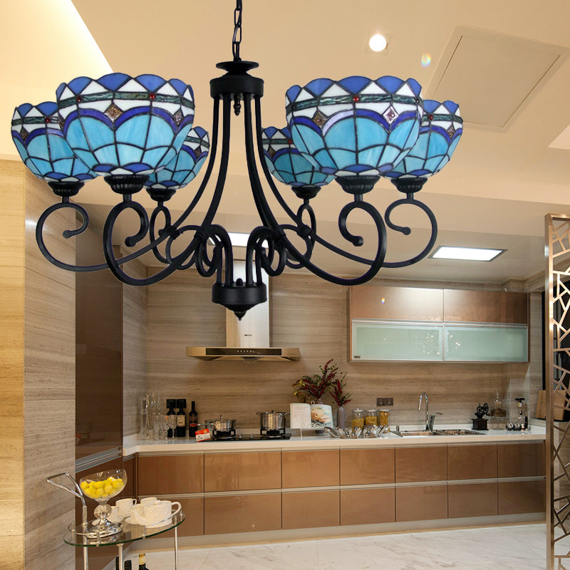 Blue Glass Bowl Chandelier 6 Lights Baroque Pendant Light with Metal Chain for Living Room