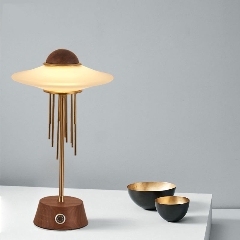 Tubular Desk Lamp Contemporary Metal LED Bedroom Table Lighting in Brown with UFO Frosted Glass Shade