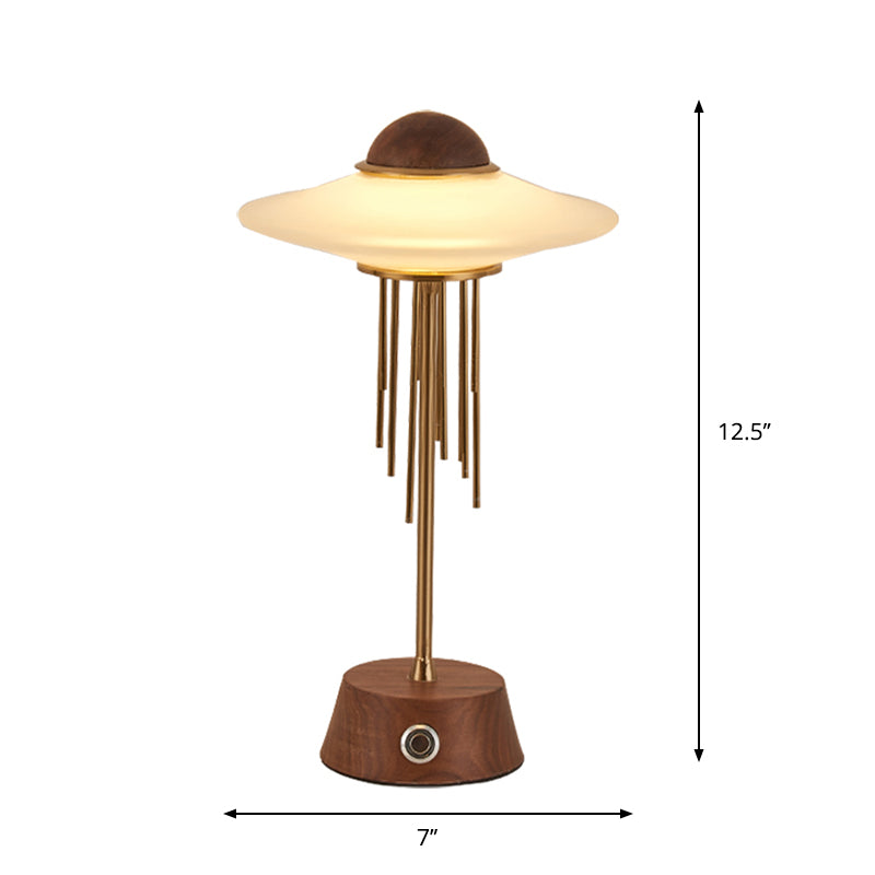 Tubular Desk Lamp Contemporary Metal LED Bedroom Table Lighting in Brown with UFO Frosted Glass Shade