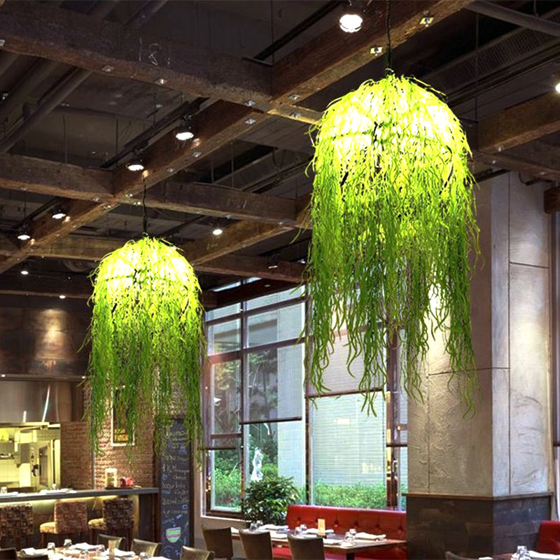 Globe Cage Dining Room Pendant Lamp Loft Metal 5 Heads Green Chandelier Lighting Fixture with Rattan Deco