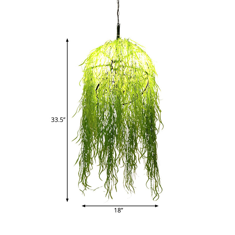 Globe Cage Dining Room Pendant Lamp Loft Metal 5 Heads Green Chandelier Lighting Fixture with Rattan Deco