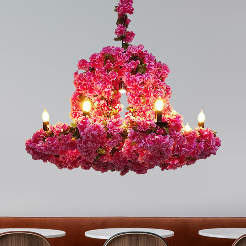 6 Heads Candle Chandelier Lighting Factory Blue/Rose Red Metallic Pendant Light Fixture with Artificial Flower Deco