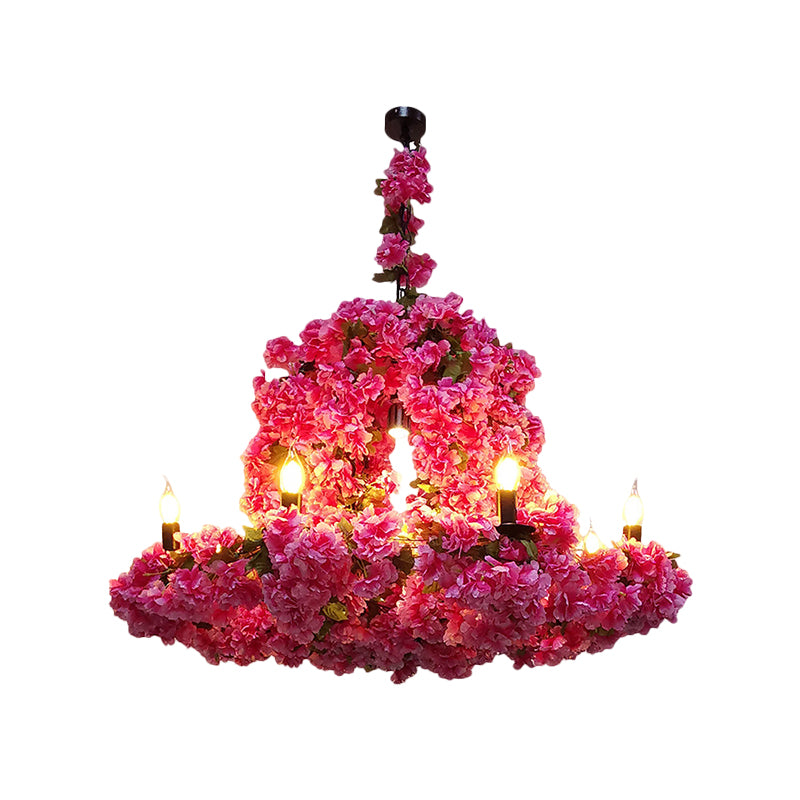 6 Heads Candle Chandelier Lighting Factory Blue/Rose Red Metallic Pendant Light Fixture with Artificial Flower Deco