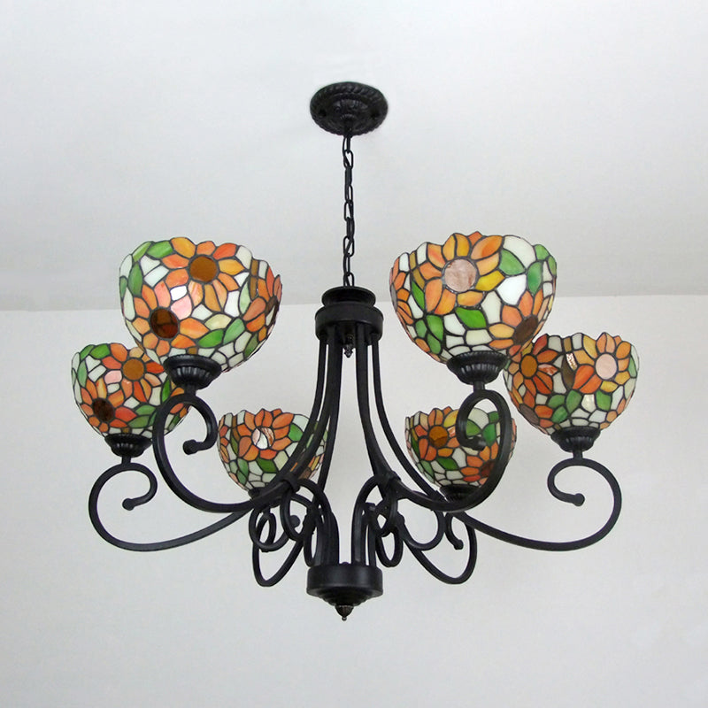 Orange Sunflower Chandelier Lamp with Metal Chain 6 Lights Stained Glass Indoor Pendant Lighting