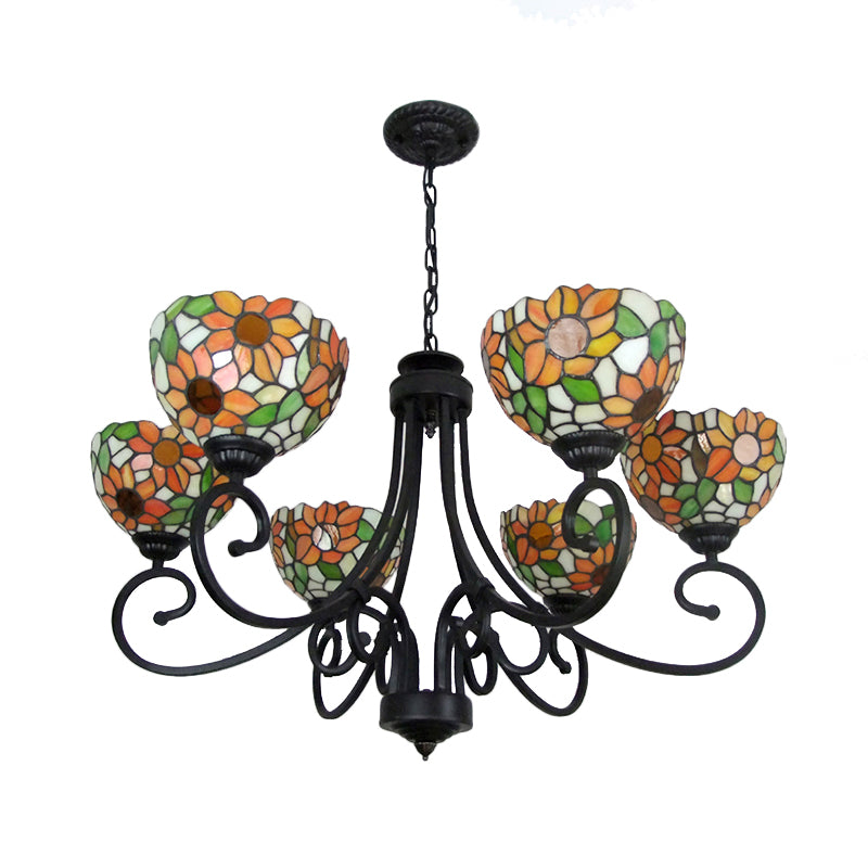 Orange Sunflower Chandelier Lamp with Metal Chain 6 Lights Stained Glass Indoor Pendant Lighting