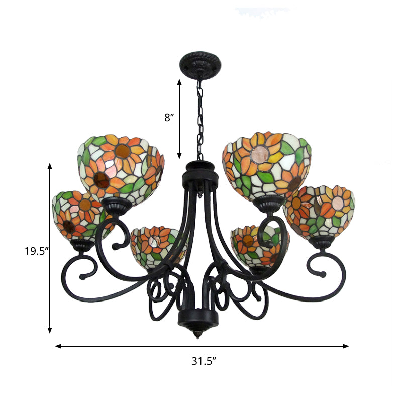 Orange Sunflower Chandelier Lamp with Metal Chain 6 Lights Stained Glass Indoor Pendant Lighting