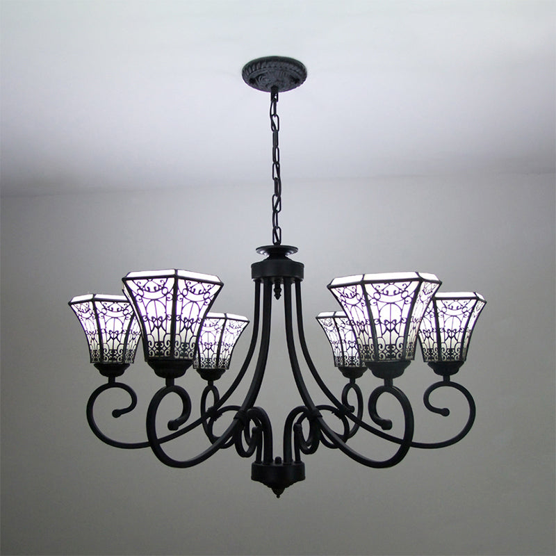 Luz colgante de campana de vidrio blanco con diseño de cerca 6 luces lámpara de lámpara de lodge en negro