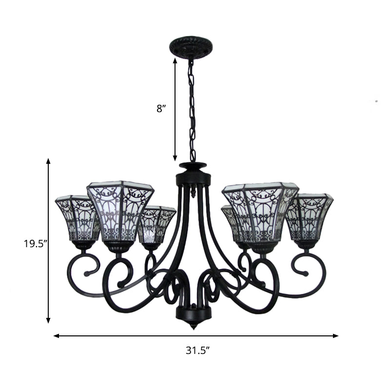 White Glass Bell Pendant Light with Fence Design 6 Lights Lodge Style Chandelier Lamp in Black