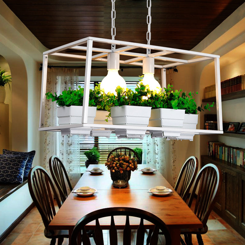 Black/White Rectangle Island Lamp Factory Metallic 2 Lights Living Room Hanging Light Fixture with Artificial Plant Deco