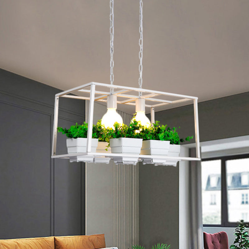 Black/White Rectangle Island Lamp Factory Metallic 2 Lights Living Room Hanging Light Fixture with Artificial Plant Deco