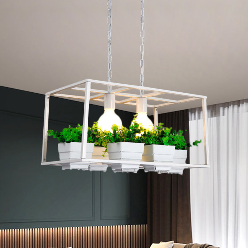 Black/White Rectangle Island Lamp Factory Metallic 2 Lights Living Room Hanging Light Fixture with Artificial Plant Deco