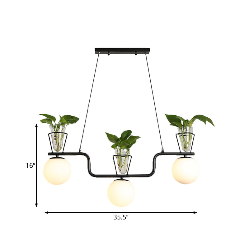 Black 3-Bulb Island Light Fixture Industrial Opal Glass Globe Pendant Lamp with Clear Glass Pot