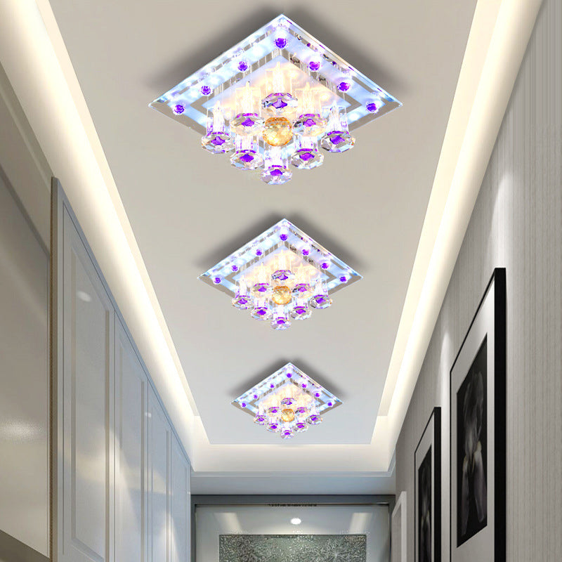 Vierkante Crystal Plafond Fixture Hedendaagse 7"/9.5" W LED Paars Flush Mount Licht in Warm/Wit Licht voor Corridor