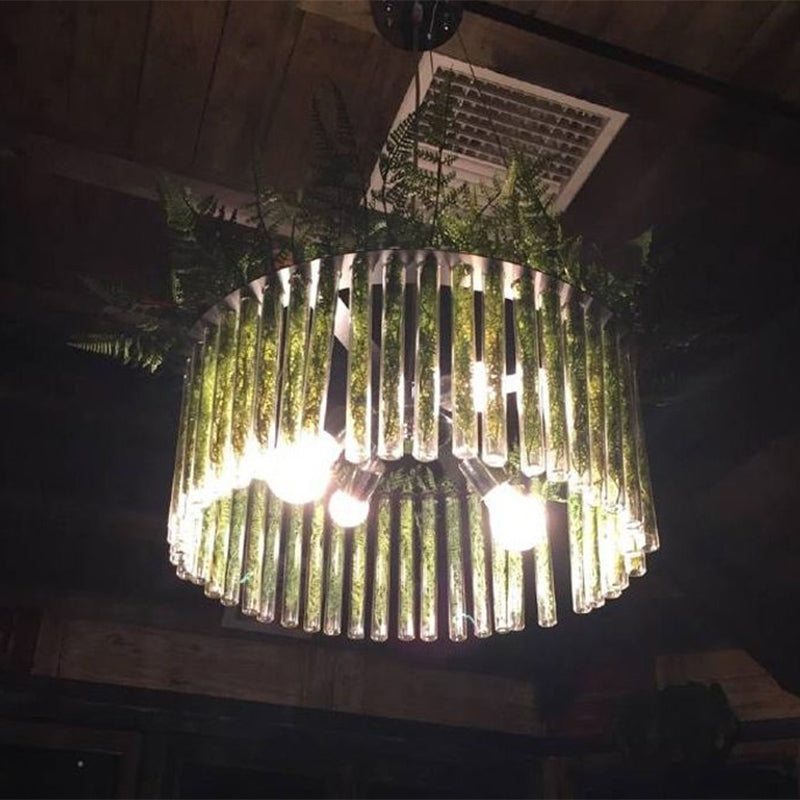 Retro-runde Kronleuchterlampe 6-Kopf-Klarglashänge Deckenlicht in Schwarz mit PVC-Pflanzen-Deco