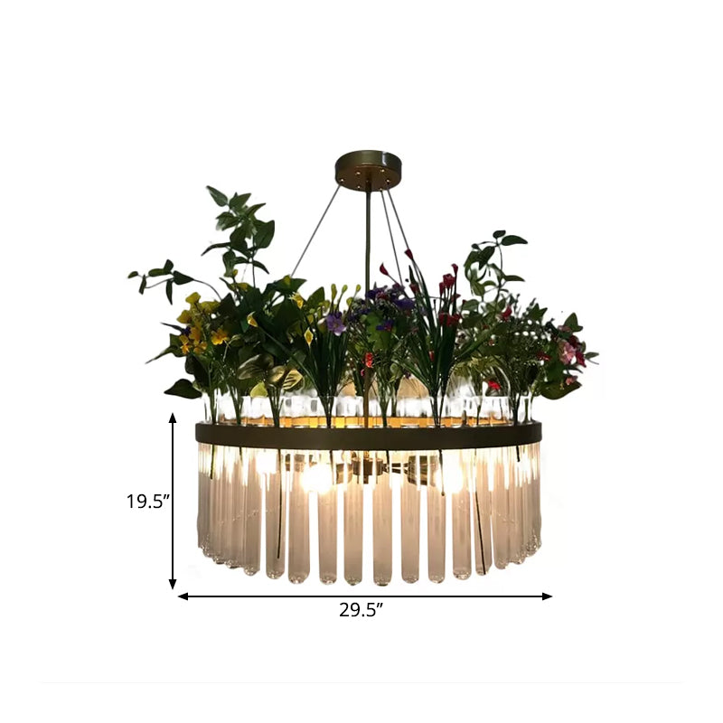 Retro-runde Kronleuchterlampe 6-Kopf-Klarglashänge Deckenlicht in Schwarz mit PVC-Pflanzen-Deco