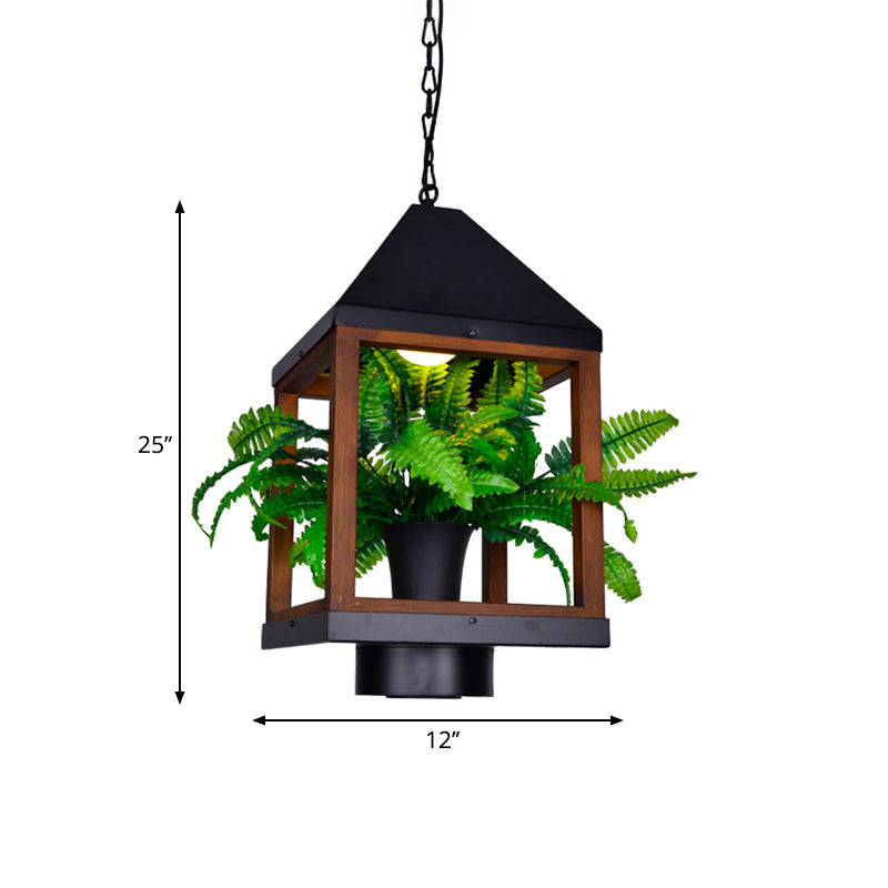 1 Bulb Pavilion Pendant Lamp Factory Black Metallic Hanging Light Fixture with Bonsai for Dining Room