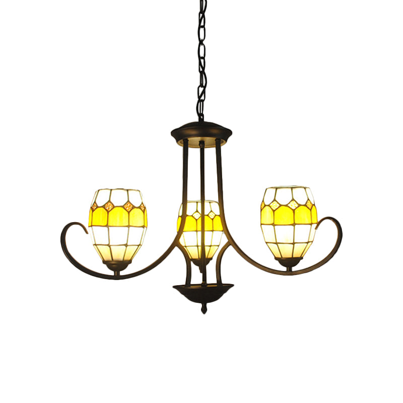 3 Lichter Oval Anhänger Leuchte Glas Tiffany Kronleuchter Beleuchtung in Gelb für Schlafzimmer