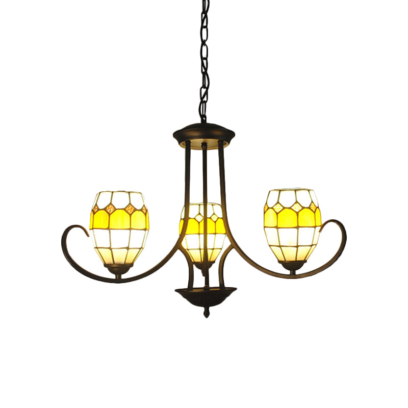 3 Lights Oval Pendant Light Stained Glass Tiffany Chandelier Lighting in Yellow for Bedroom