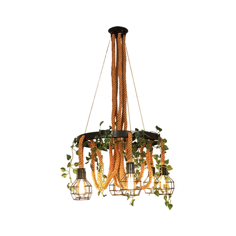 Black Ball Cage Pendant Chandelier Vintage Metal 6 Heads Dining Room Plant Ceiling Light with Rope Rod