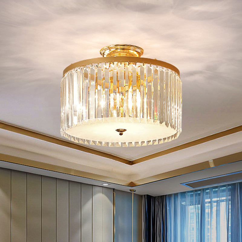 Gold Round Semi Mount Lighting Contemporary Crystal Rod LED Ceiling Fixture for Bedroom