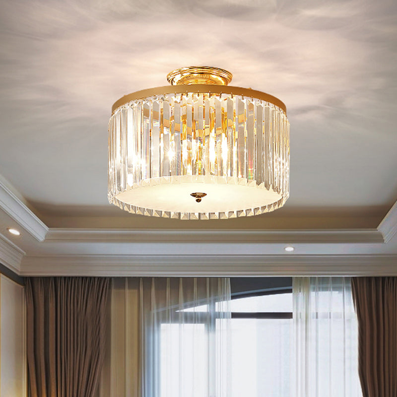 Gold Round Semi Mount Lighting Contemporary Crystal Rod LED Ceiling Fixture for Bedroom