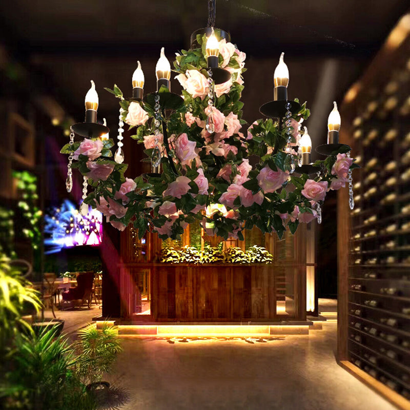 10-Bulb Ceiling Chandelier Antiqued Candelabra Metal Drop Pendant with Pink/Purple and Red Fake Flower Deco