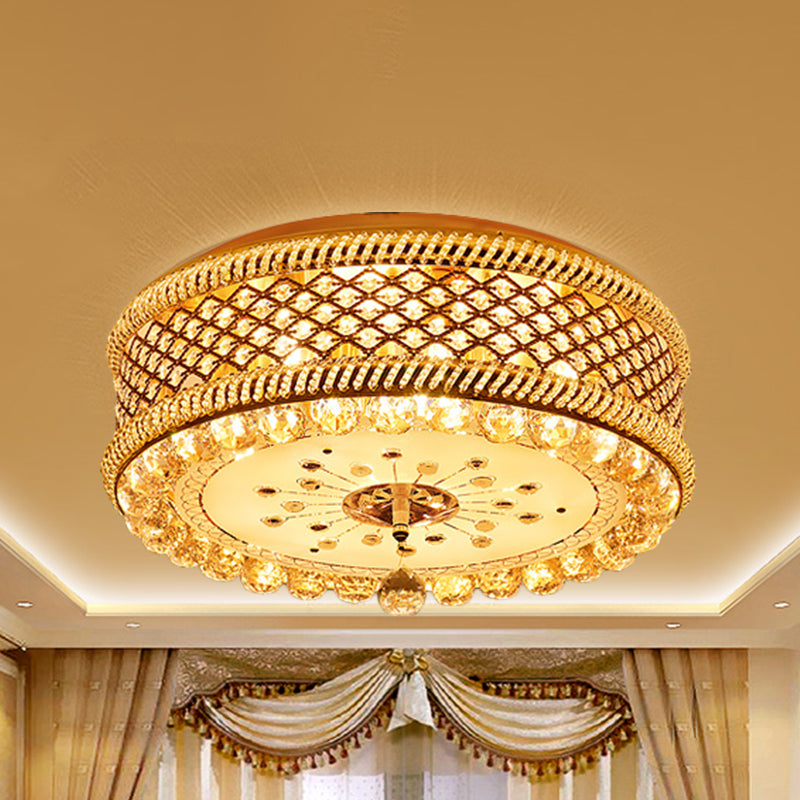 Drum Shade Ceiling Lamp Modernism K9 Crystal LED Gold Flush Mount Light Fixture for Living Room