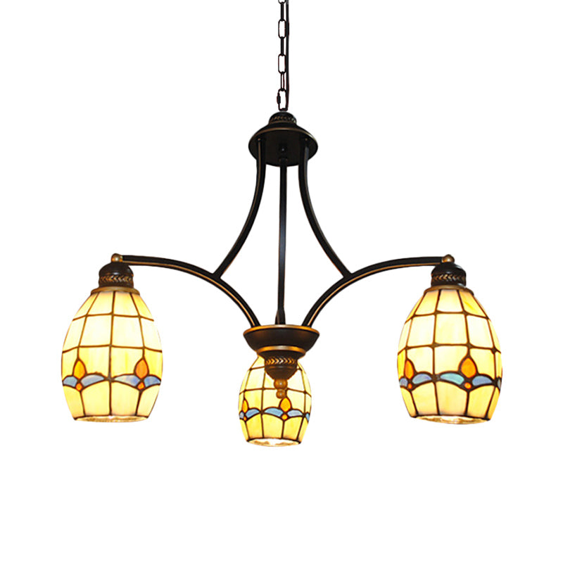 Magnolia Hanging Chandelier with Oval Glass Shade 3 Lights Rustic Pendant Lighting in Beige