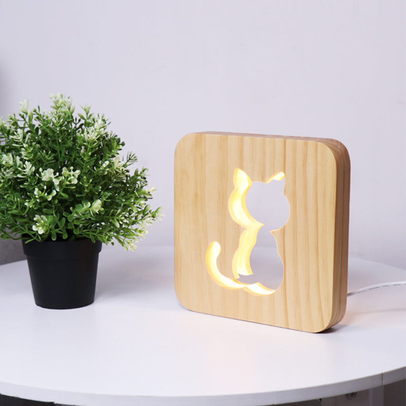 Holz geätzte Katzen Nachtlicht modernistische LED -Nachttischlampe in Beige mit quadratischem Rahmen für Bett