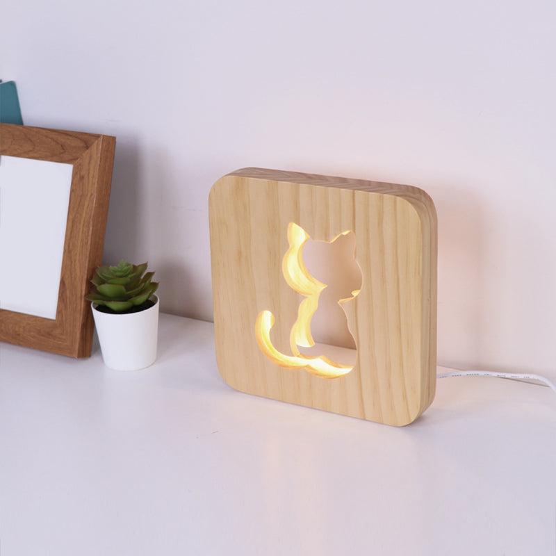 Wood Etched Cat Night Light Modernist LED Nightstand Lamp in Beige with Square Frame for Bedside