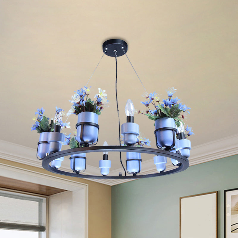 6 Bulbs Metal Chandelier Industrial Pink/Blue Circular Pendant Light Kit with Candle Design