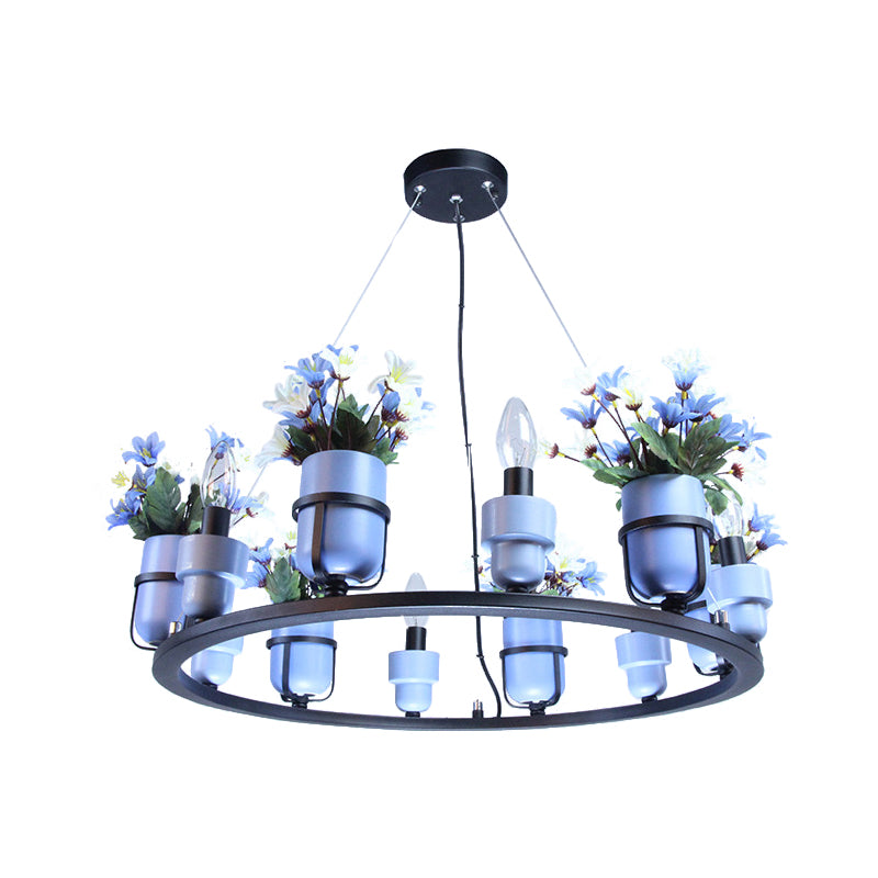 6 Bulbs Metal Chandelier Industrial Pink/Blue Circular Pendant Light Kit with Candle Design