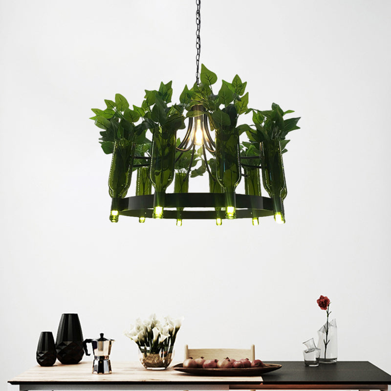 Clear Glass Black Hanging Chandelier Bottle Shaped 10-Light Vintage Ring Suspension Light with PVC Plant Deco