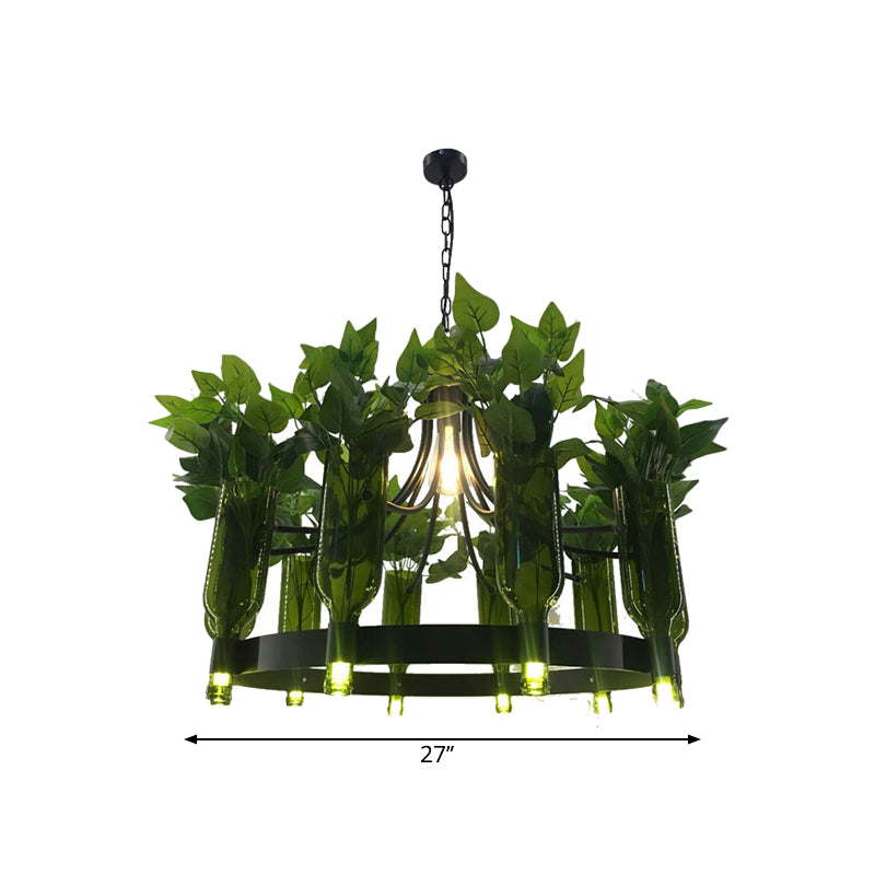 Clear Glass Black Hanging Chandelier Bottle Shaped 10-Light Vintage Ring Suspension Light with PVC Plant Deco