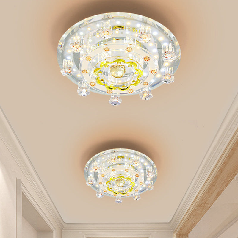 LED Corridor Ceiling Light Modern Chrome Flush Mount Fixture with Floral Crystal Shade