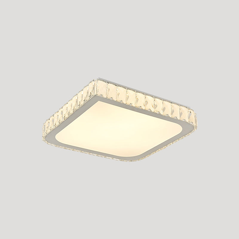 LED Bedroom Flush Light Fixture Simple Chrome Close to Ceiling Lamp with Square Crystal Shade